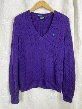 Ralph Lauren Sport purple cable knit cotton v-neck sweater green pony embroidery